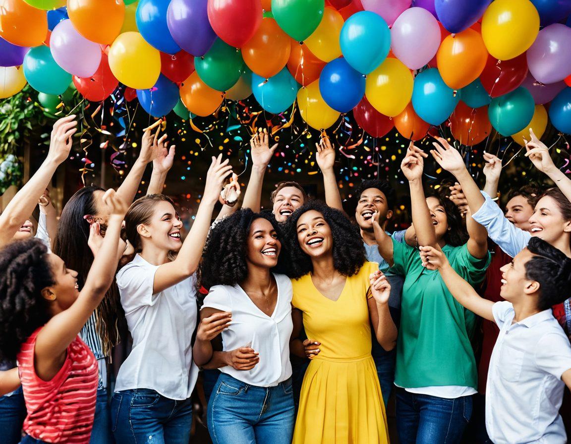 A vibrant, lively celebration scene with people of diverse backgrounds joyfully interacting amidst a spectrum of colorful decorations like balloons and streamers. Include cheerful expressions, confetti falling, and bright lights illuminating the atmosphere, embodying the essence of joy and togetherness. Incorporate elements of nature, such as flowers or greenery, to enhance the colorful environment. super-realistic. vibrant colors. festive atmosphere.