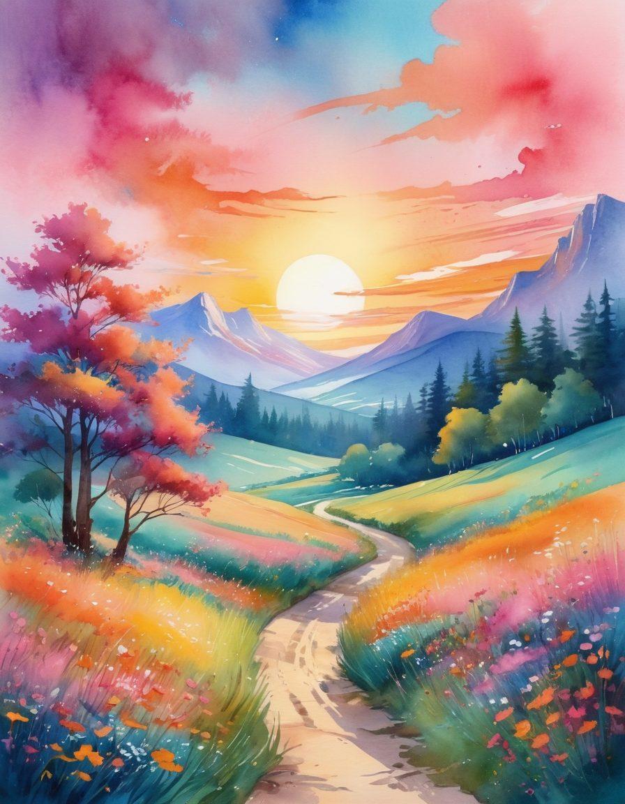 A whimsical landscape bursting with vibrant colors, where swirling hues of pink, orange, and teal blend together in a dream-like sky. Below, a serene meadow filled with lush flowers dancing in the wind, and soft trails leading toward a shimmering, radiant horizon signifying blissful memories. A playful breeze gently moves throughout the scene, enhancing the sense of euphoria. watercolor style. bright and lively colors. ethereal atmosphere.