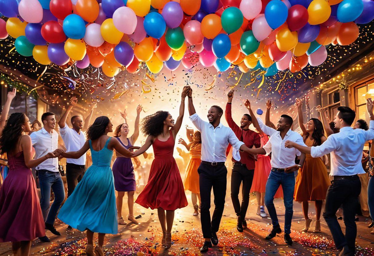 A vivid celebration scene filled with colorful balloons, ribbons, and confetti, showcasing joyful people of diverse backgrounds dancing and laughing together. The atmosphere is enhanced by vibrant decorations like flowers and fairy lights that create a magical ambiance. The sky is painted with a radiant sunset, symbolizing joy and exuberance. super-realistic. vibrant colors. whimsical details.